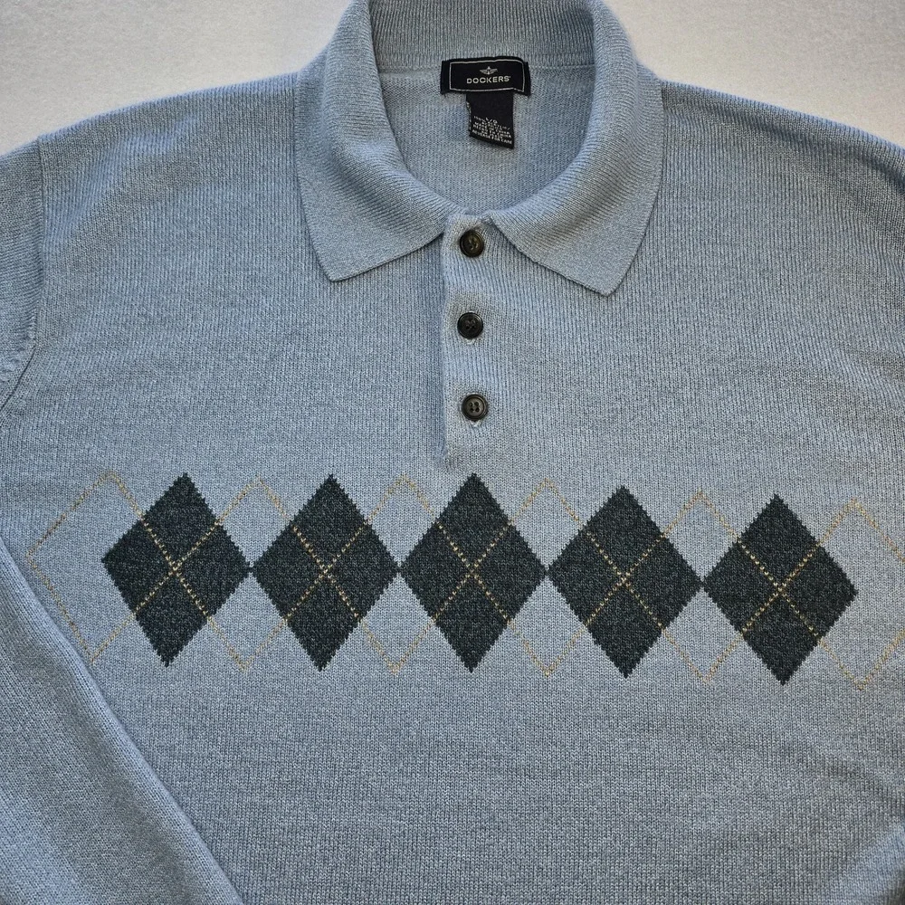 Dockers Men's Argyle Polo Sweater Blue Knit Pullover Vintage Old Money Preppy L‎